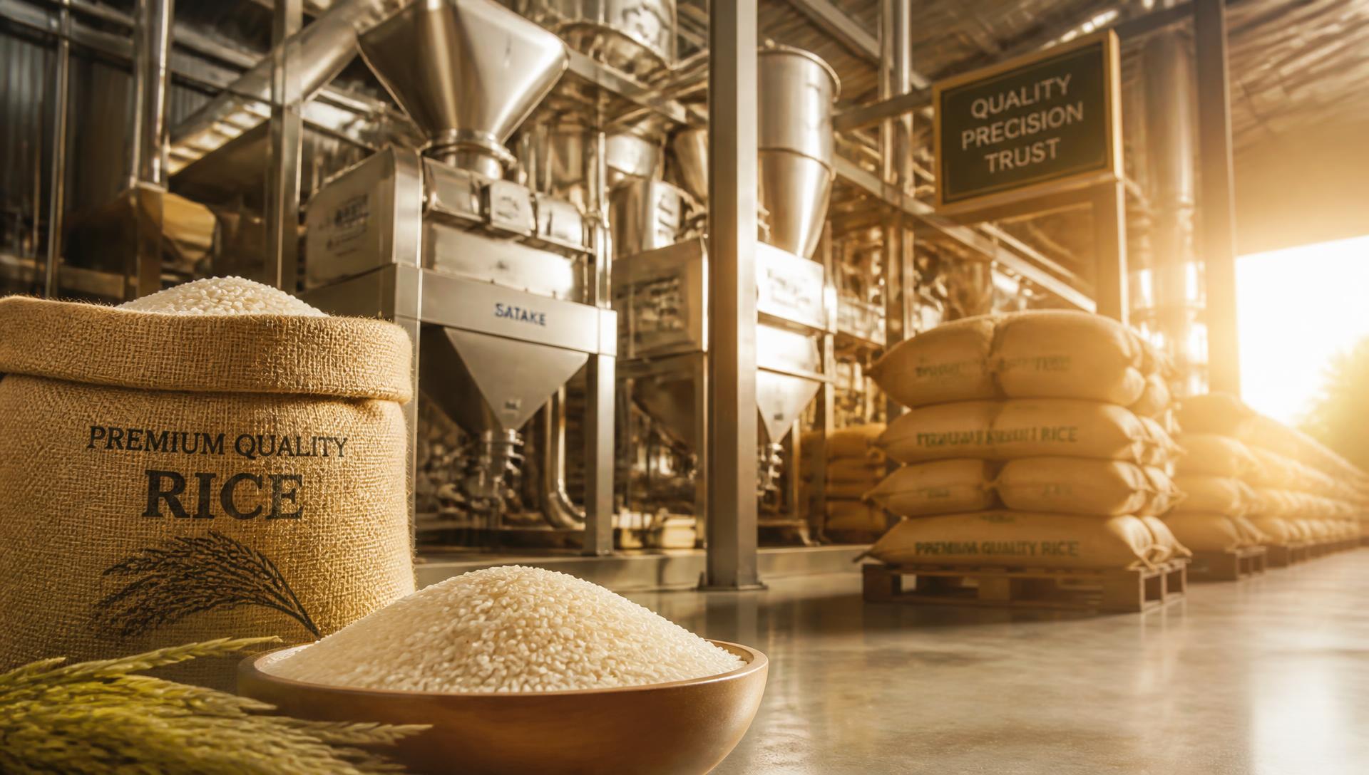 Modern rice milling facility with stainless steel machinery and sacks of premium rice