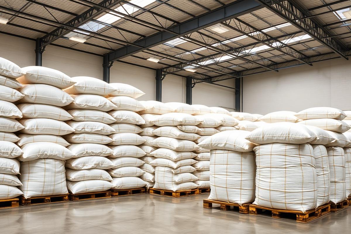 Rice storage warehouse with stacked bags on pallets
